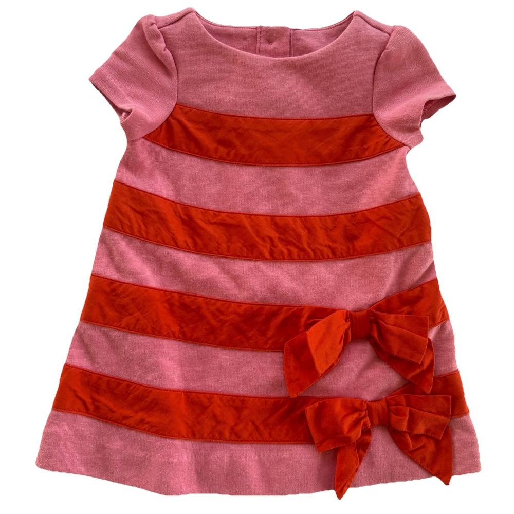 Janie and Jack Knit Dress Baby Girl 3-6M Pink & Red-Orange Stipes & Bows Holiday